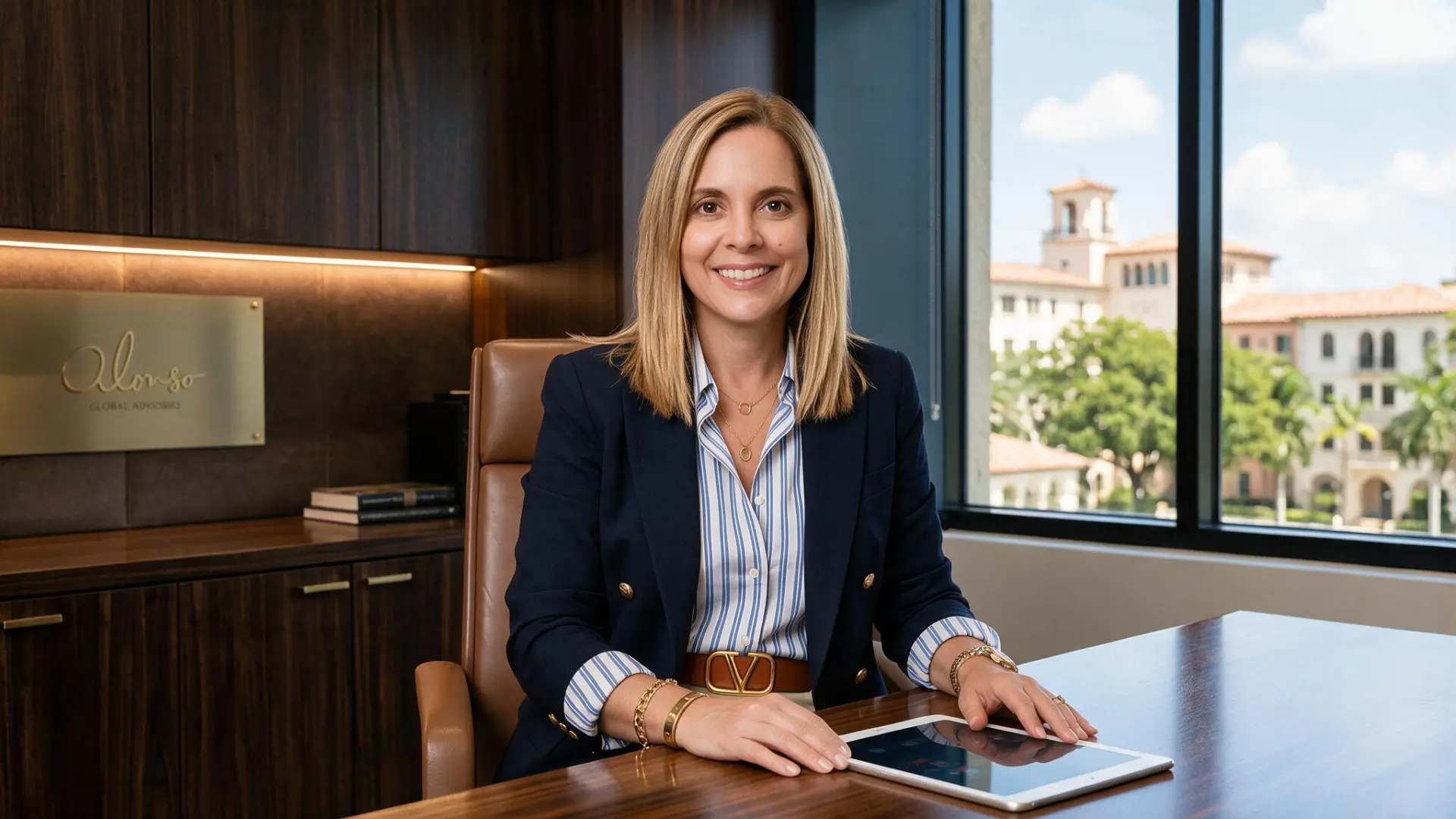 Suzette Alonso at her desk overlooking Miami